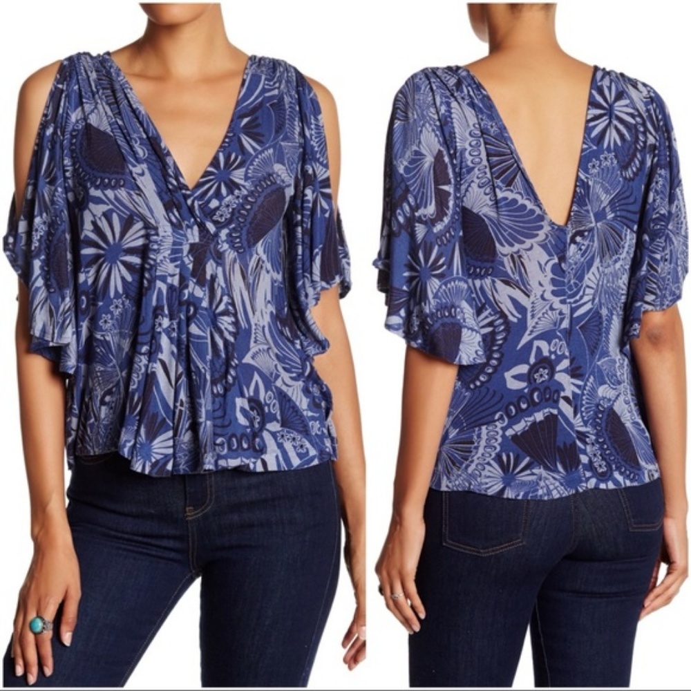 Free People Navy BOHO Patterned Cold Shoulder Top